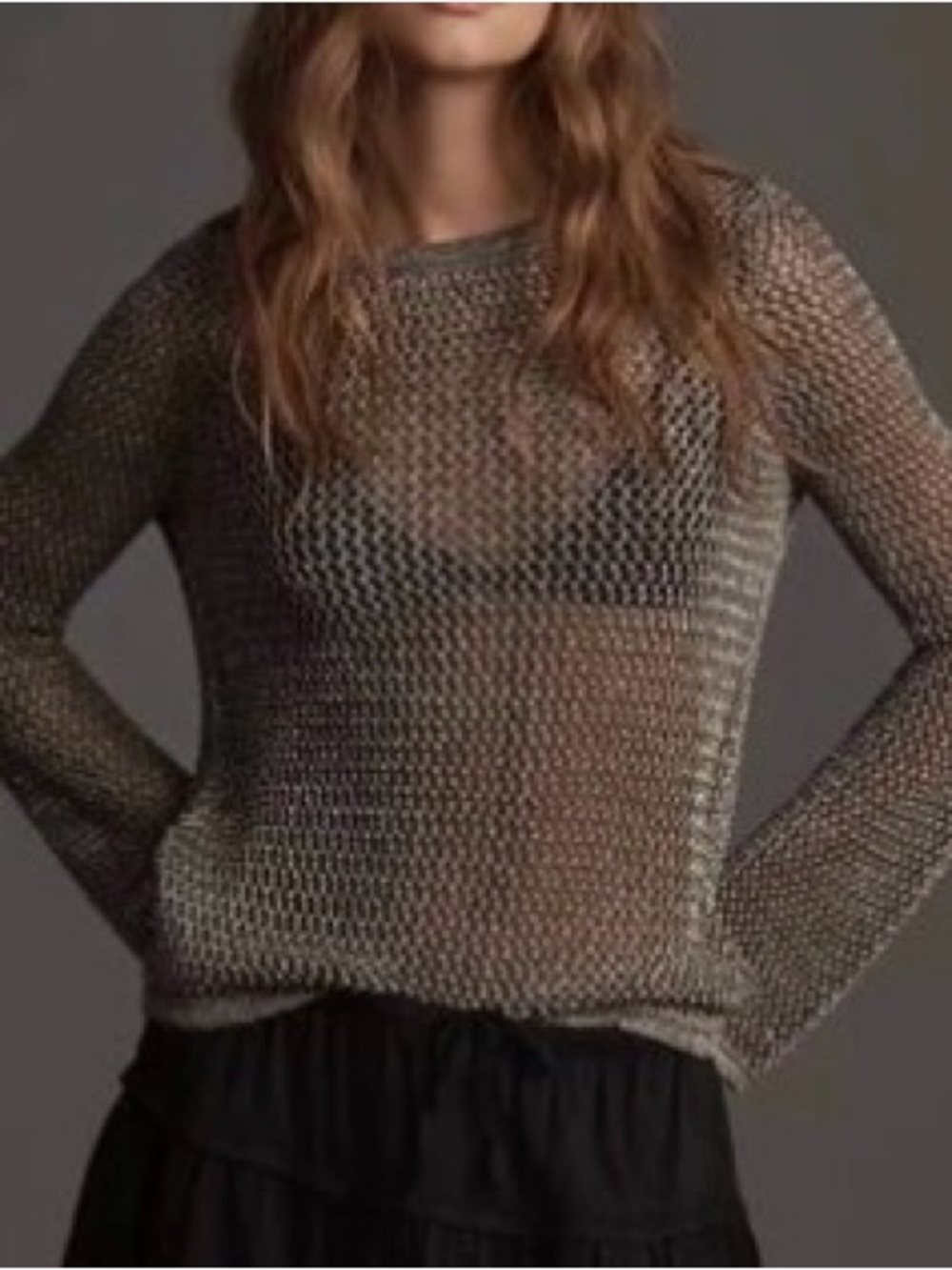 Anthropologie Metallic Open Knit Crewneck Sweater in Gunmetal